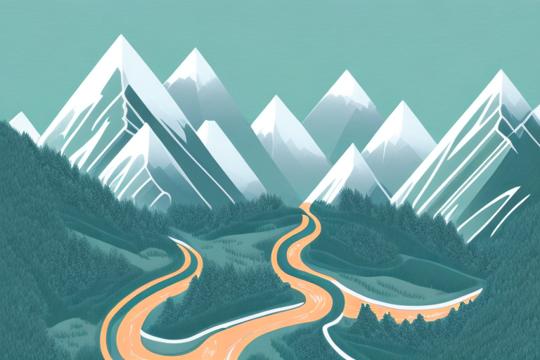 A mountain landscape with a winding road leading up to a peak