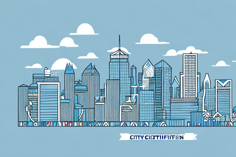 A city skyline featuring a building with a ccnp certification logo on it
