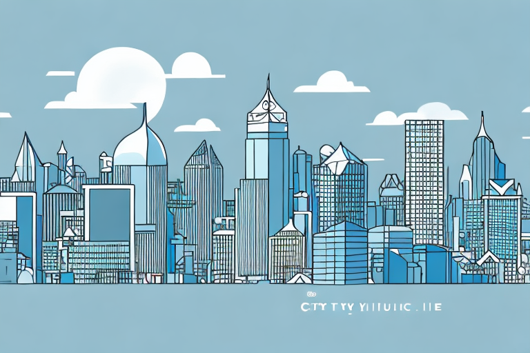 A city skyline featuring a prominent building with a ccnp logo on it