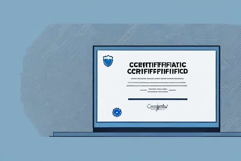 A computer with a certificate next to it