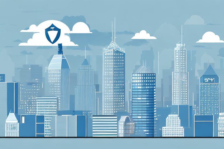 A city skyline with a building in the foreground that has a cissp certification logo on it