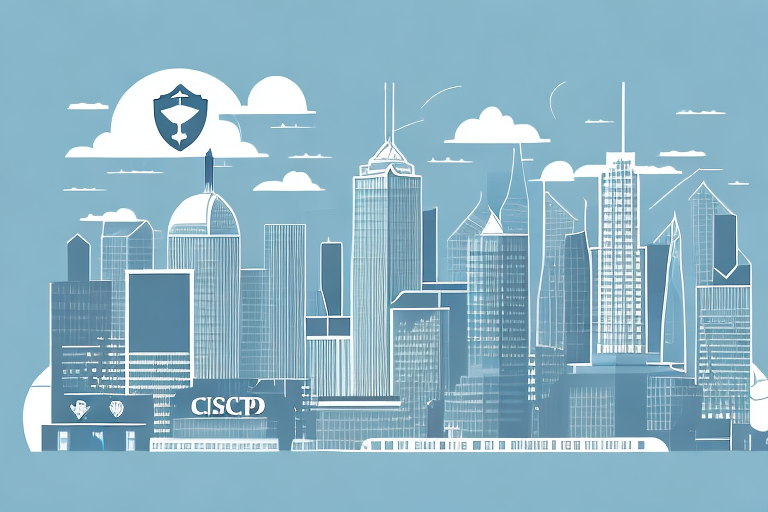 A city skyline with a building that has a cissp certification logo on it