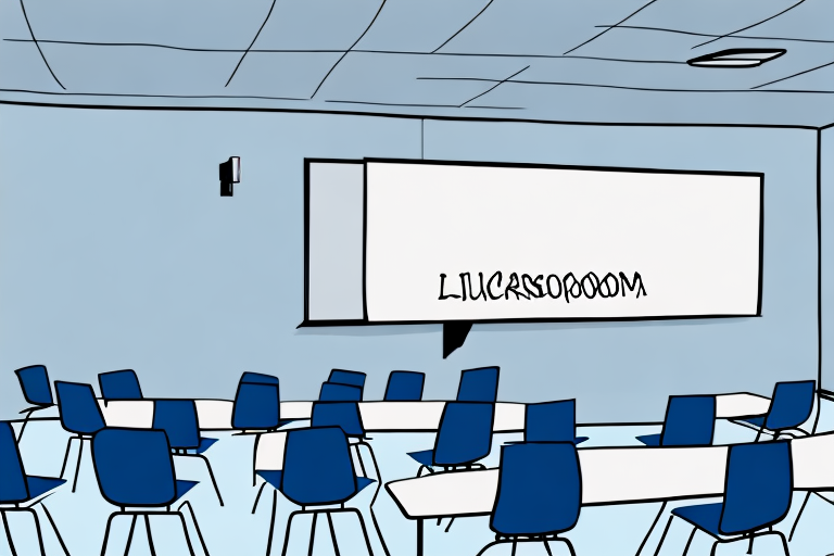 A classroom setting with a podium
